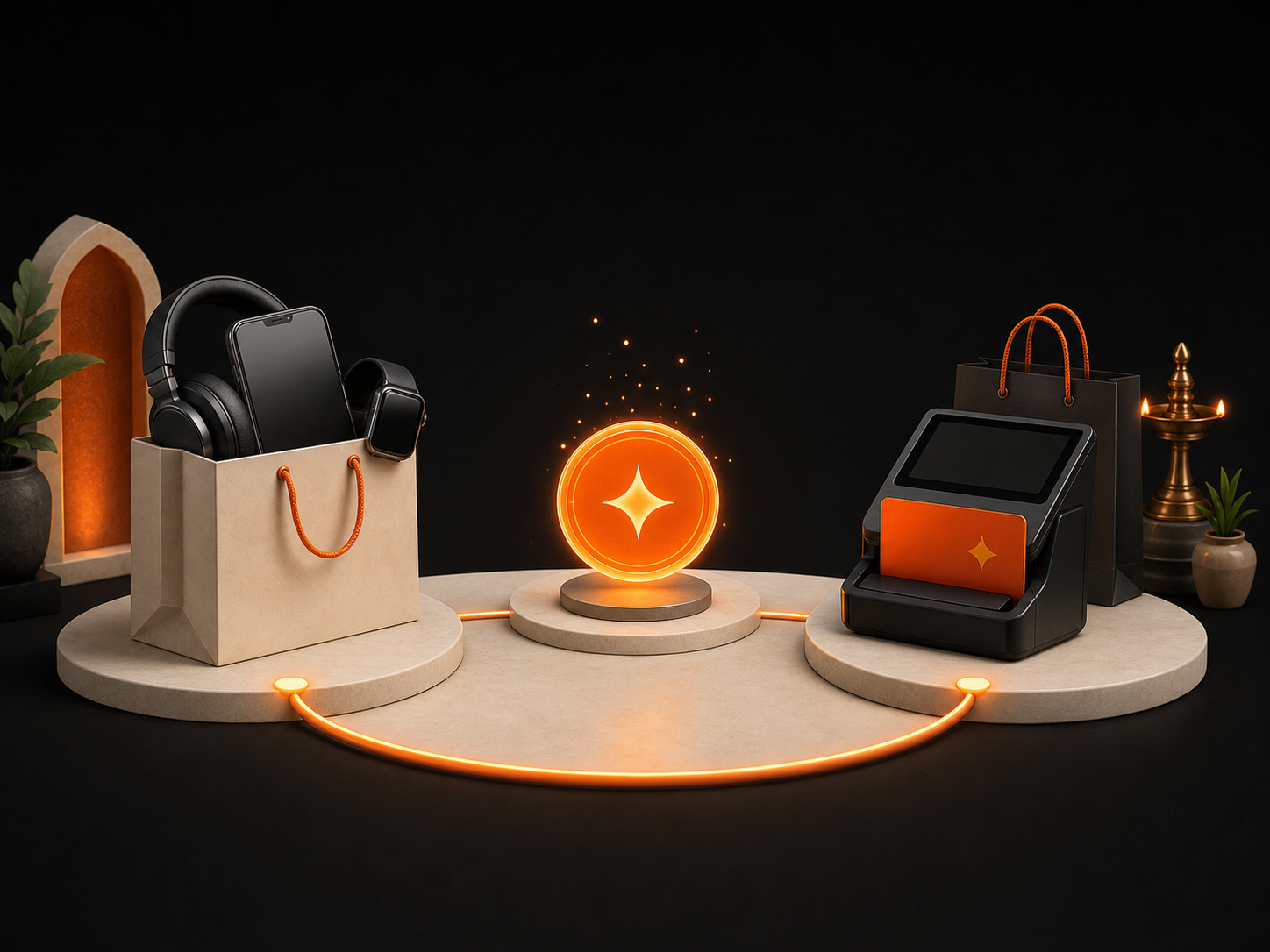A shopping bag, a glowing myG points coin, and a store payment terminal arranged in a loop